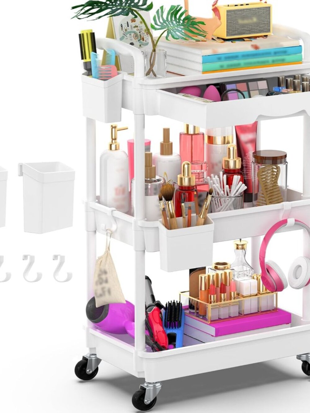 3 Tier Rolling Utility Cart Organizer with Removable Drawer, White
